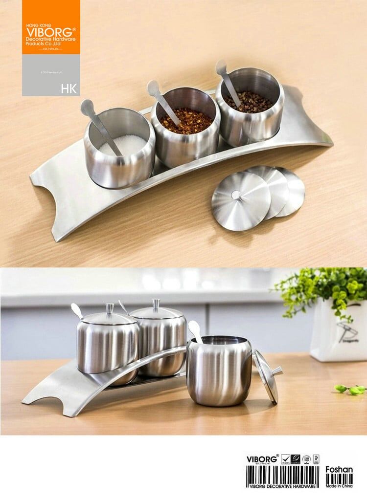 (set of 4) Viborg 304 Stainless Steel Kitchen Spice Condiment Salt Sugar Dip Container Jar with Lid & Spoon, 3 containers+1 rack - Image 2