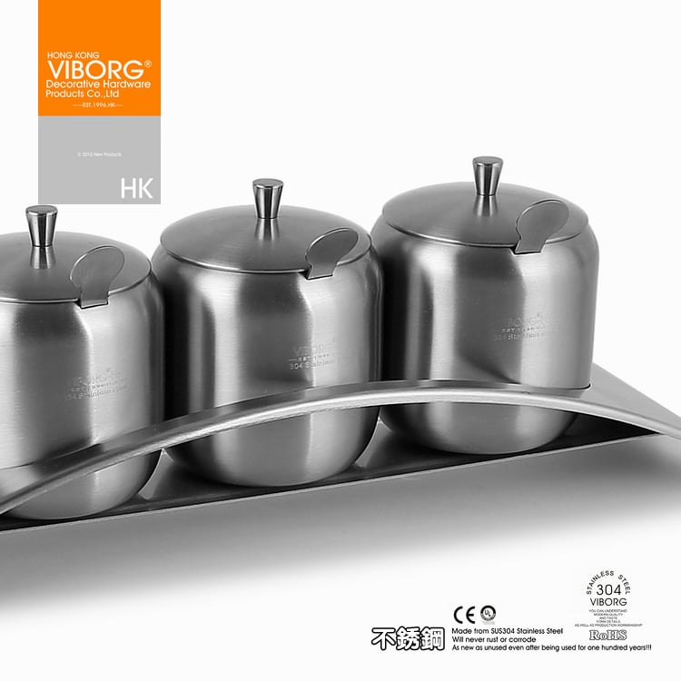 (set of 4) Viborg 304 Stainless Steel Kitchen Spice Condiment Salt Sugar Dip Container Jar with Lid & Spoon, 3 containers+1 rack - Image 3